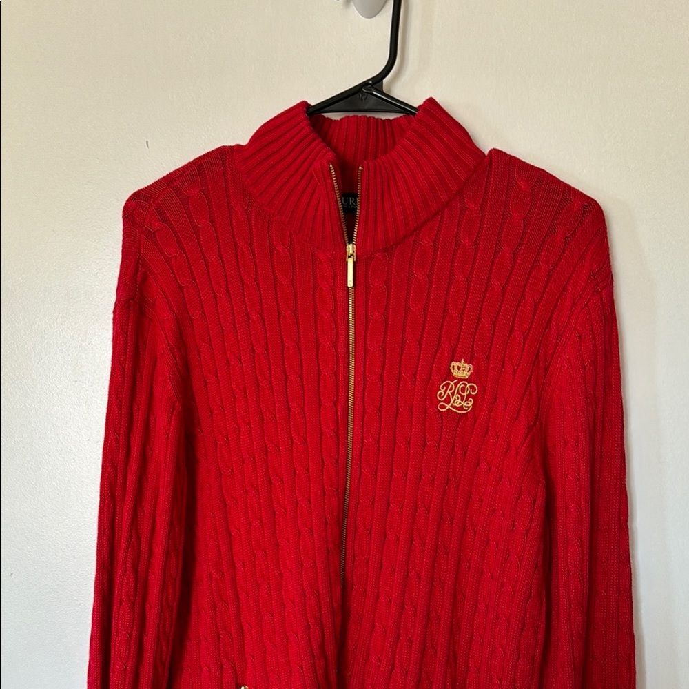 VTG Ralph Lauren Red Cable Knit Sweater with Gold Embroidery